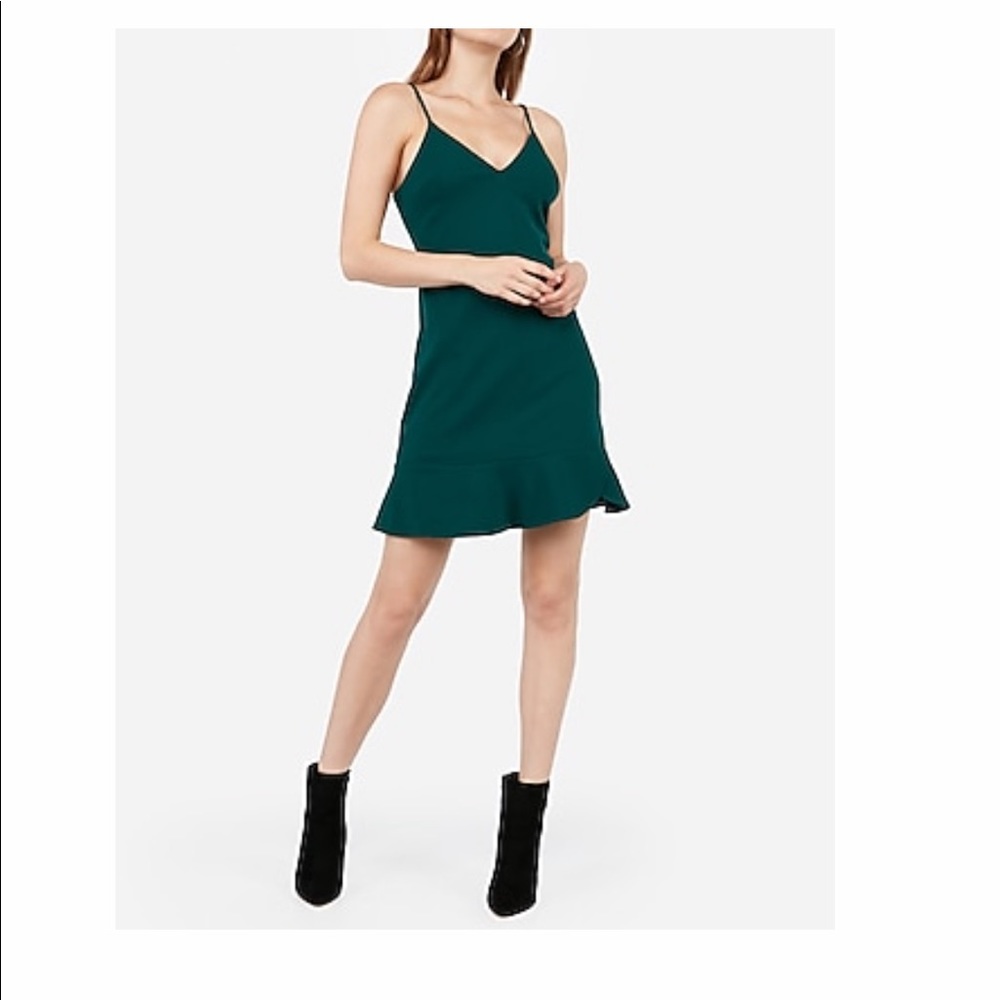 Ruffle cami, fit and flare mini Express dress in Hunter Green